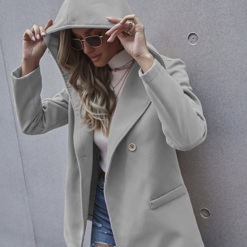 Grey hoodie Button Pea Coat Jacket Minimalist - Picture 9 of 11